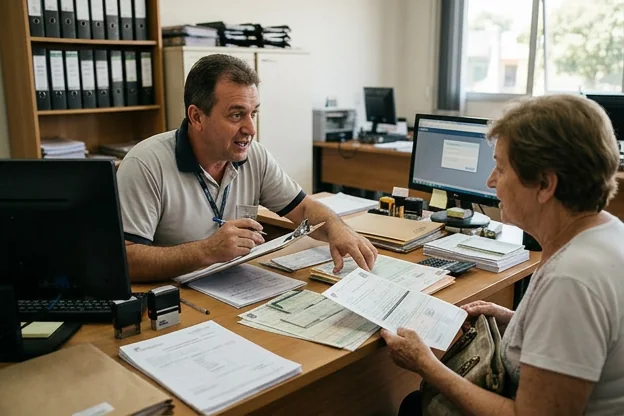 Despachante orientando cliente sobre o processo de transferência de veículo.