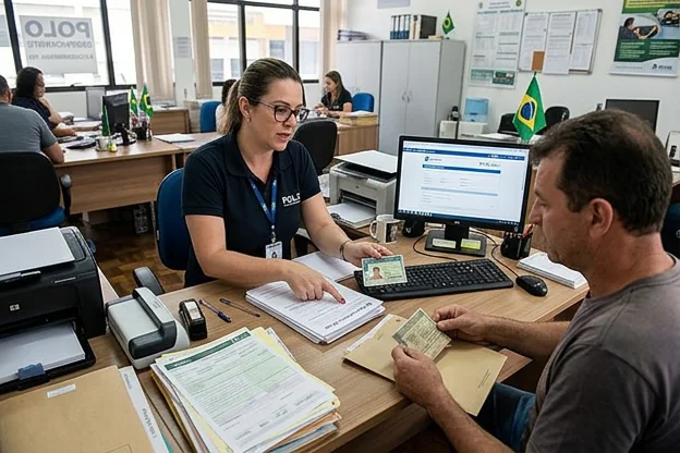 Despachante orientando cliente sobre renovação de CNH.
