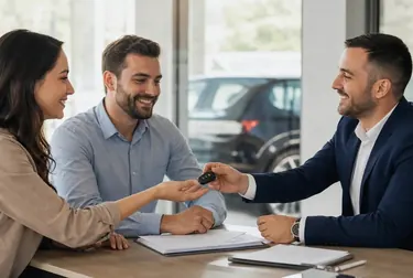 Profissional auxiliando na transferência de veículo com documentos.