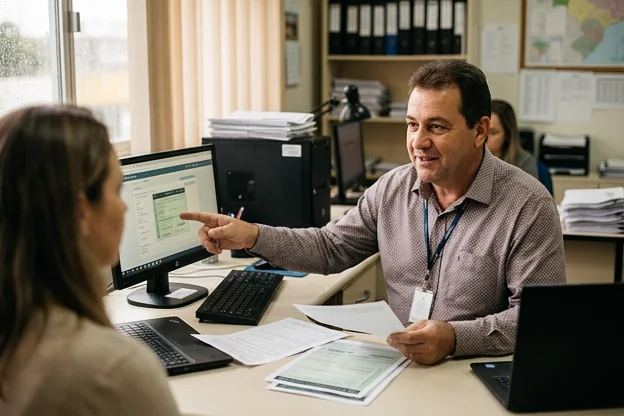 Profissional explicando sobre o CRLV-e a um cliente.